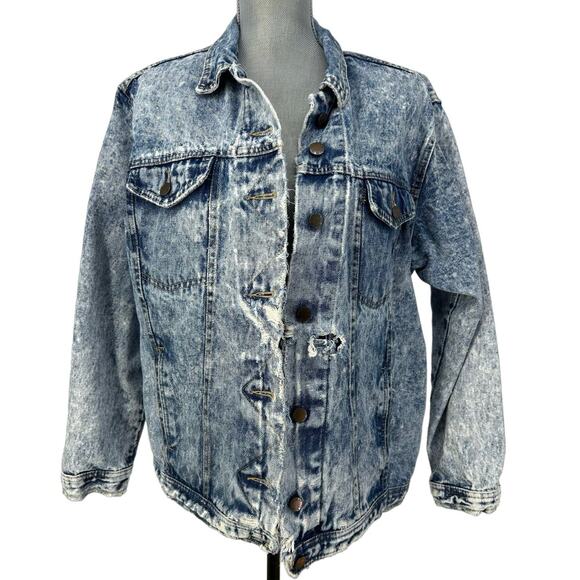 Vintage Distressed Destroyed Acid Wash Button Front Denim Jacket Unisex M L USA - Picture 1 of 8
